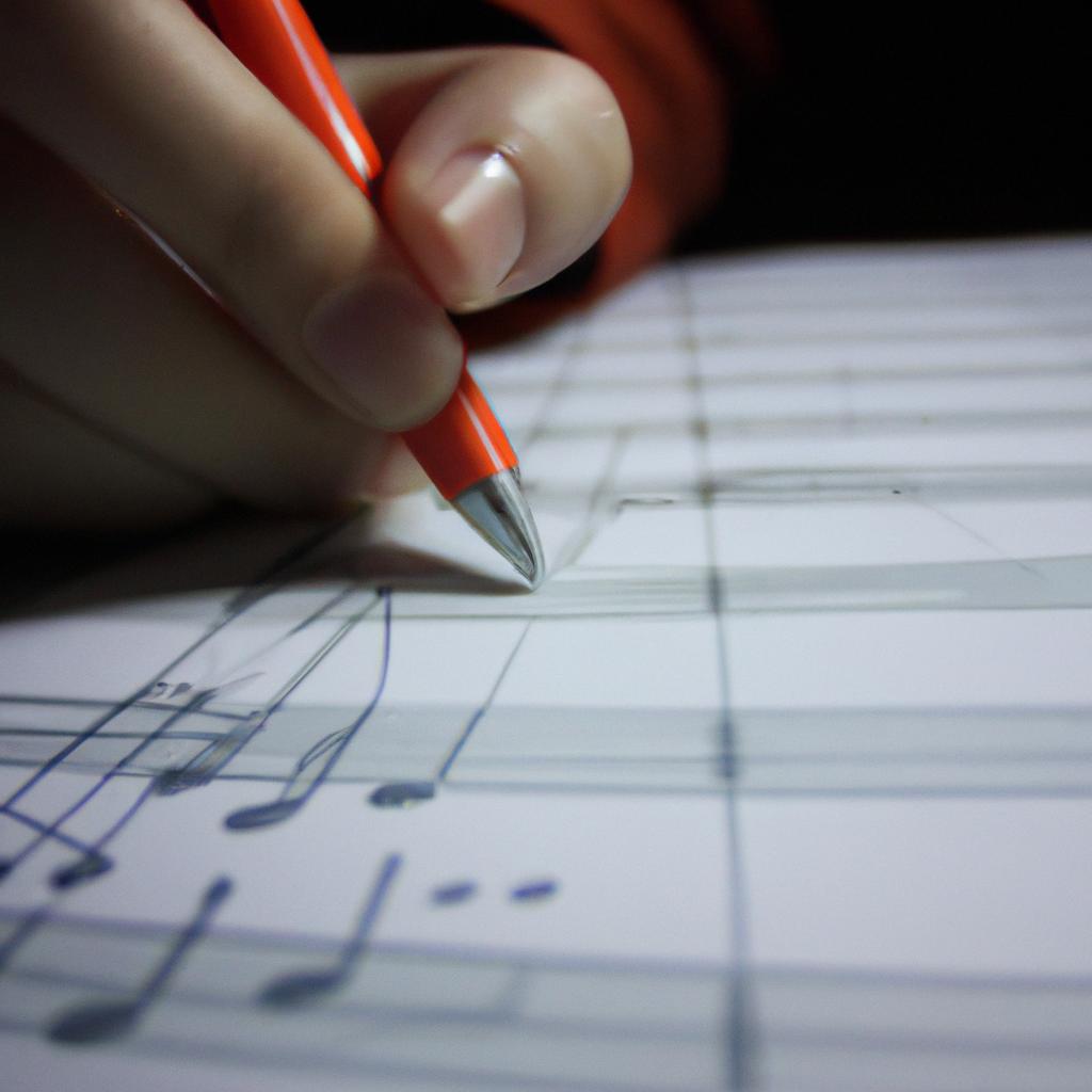 Person writing music on paper
