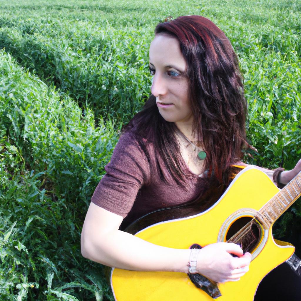 Woman playing guitar in field