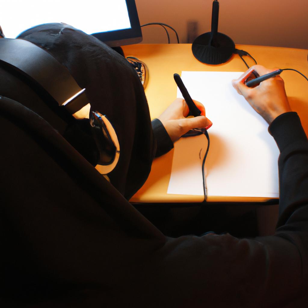 Person writing lyrics with headphones